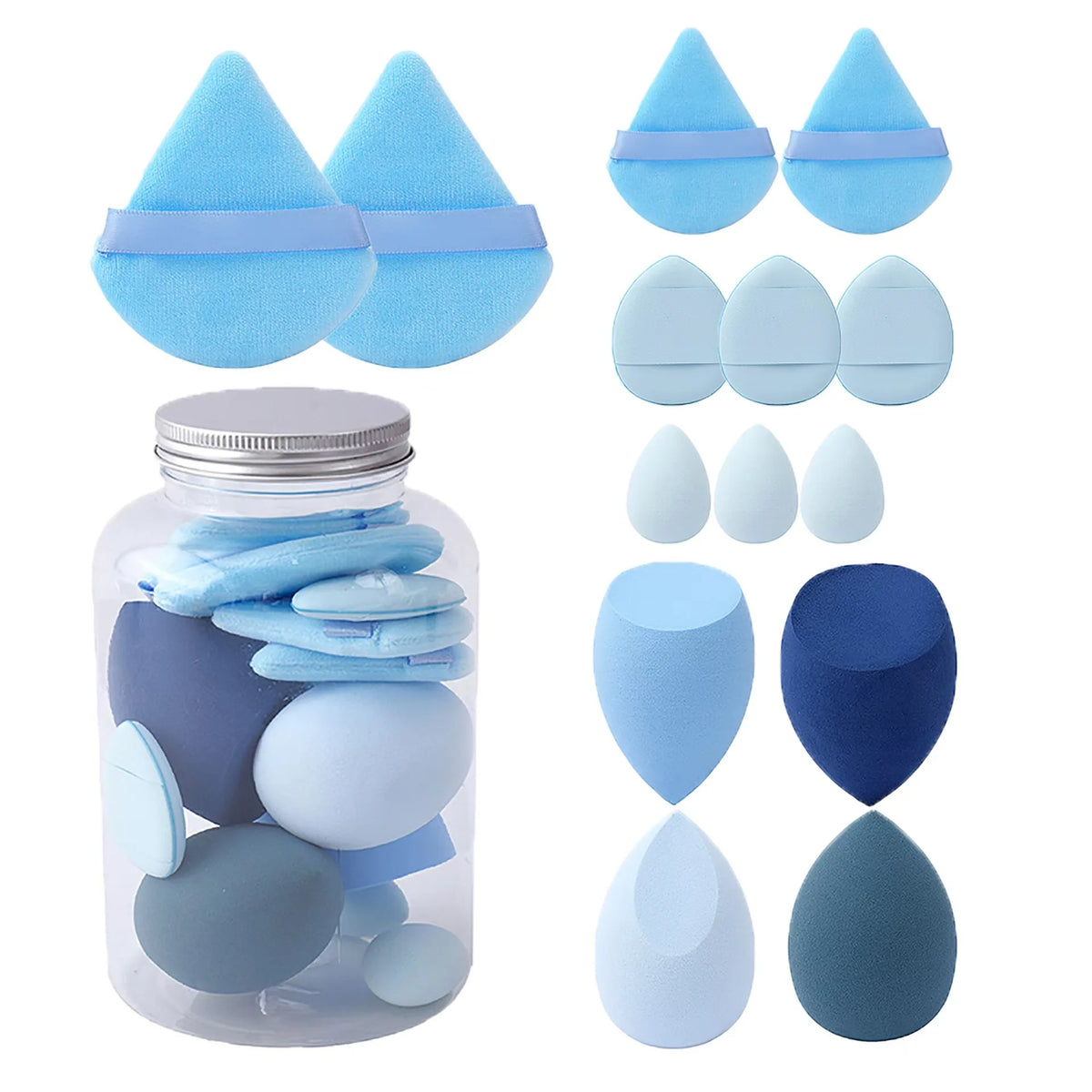 All-in-One Makeup Sponge Kit with Finger Puffs (12-Piece, Jar Included)