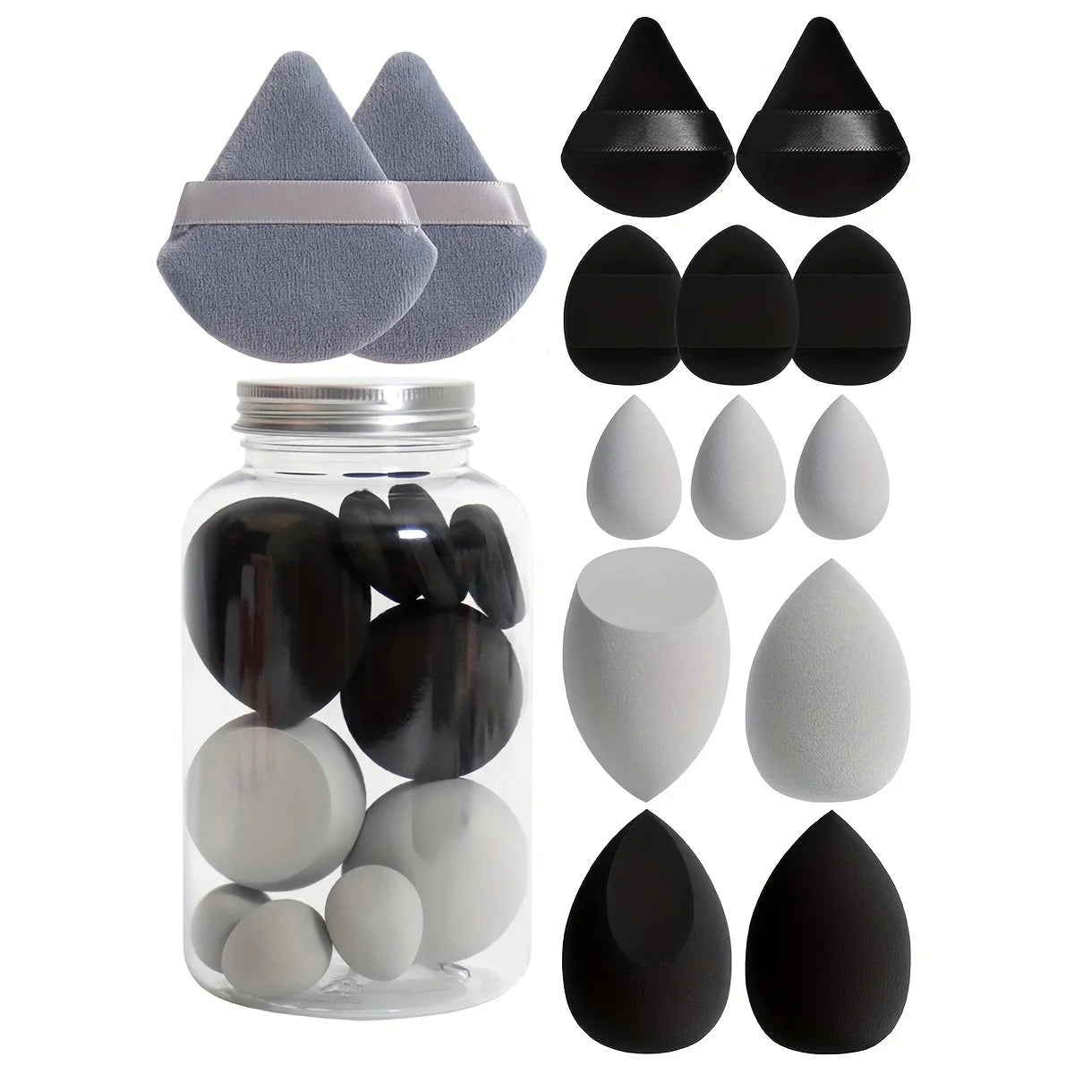 All-in-One Makeup Sponge Kit with Finger Puffs (12-Piece, Jar Included)