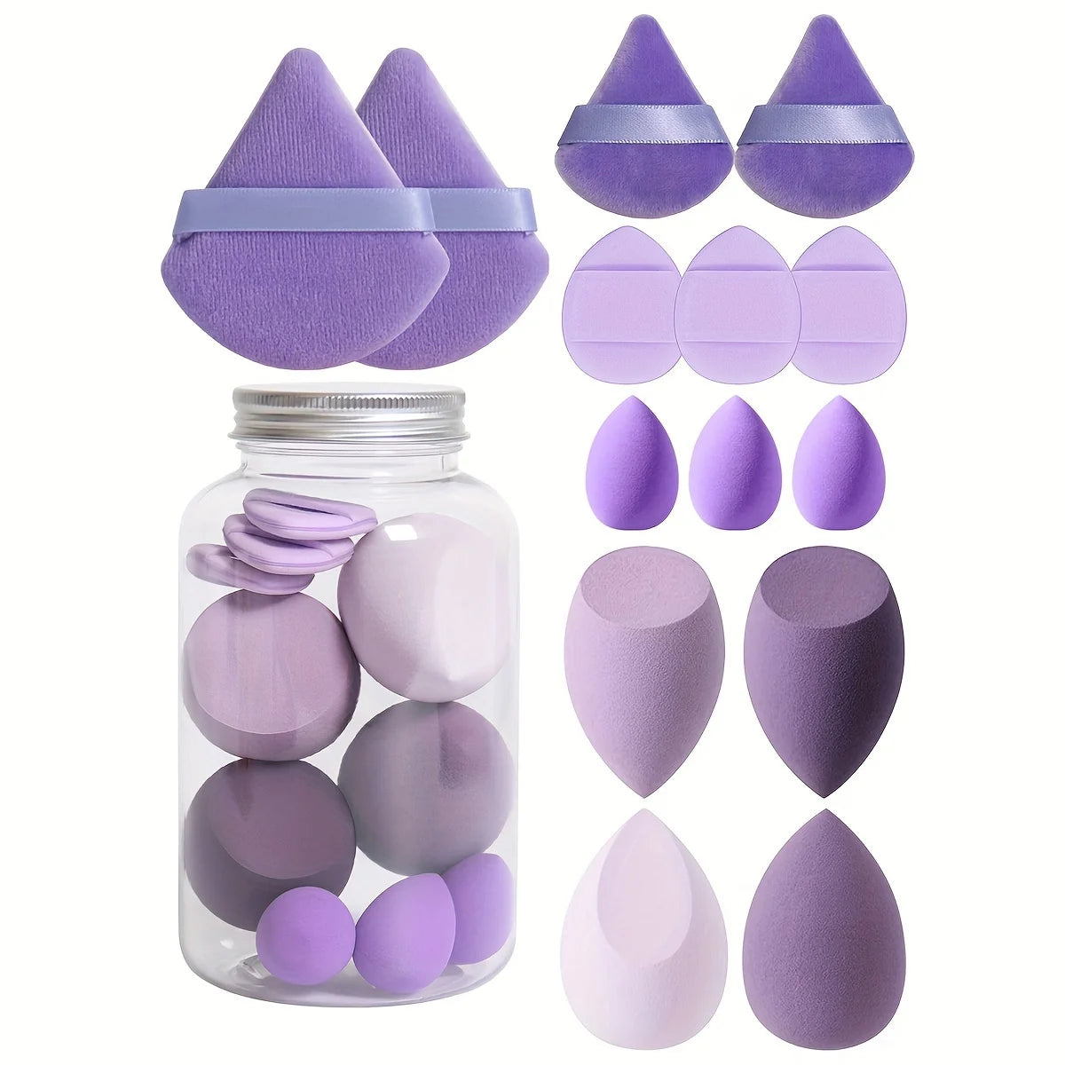 All-in-One Makeup Sponge Kit with Finger Puffs (12-Piece, Jar Included)
